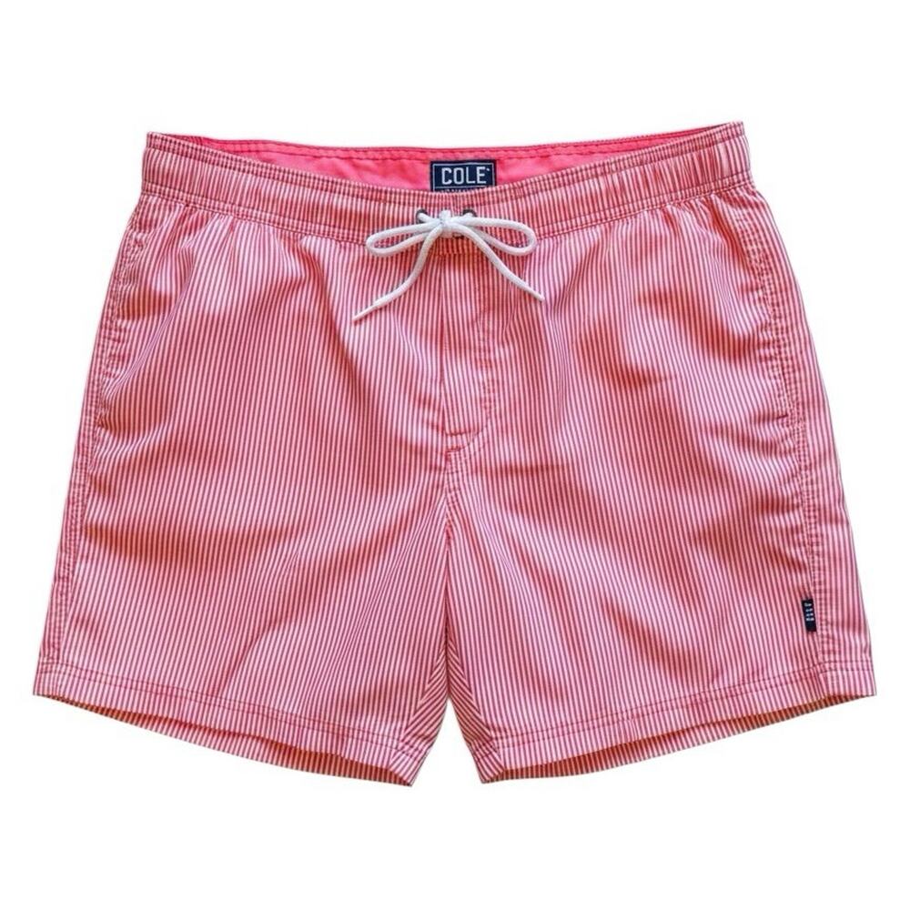 COLE Men's Swim Trunks L Pink/White Striped Drawstring Pockets Mesh Lined J14